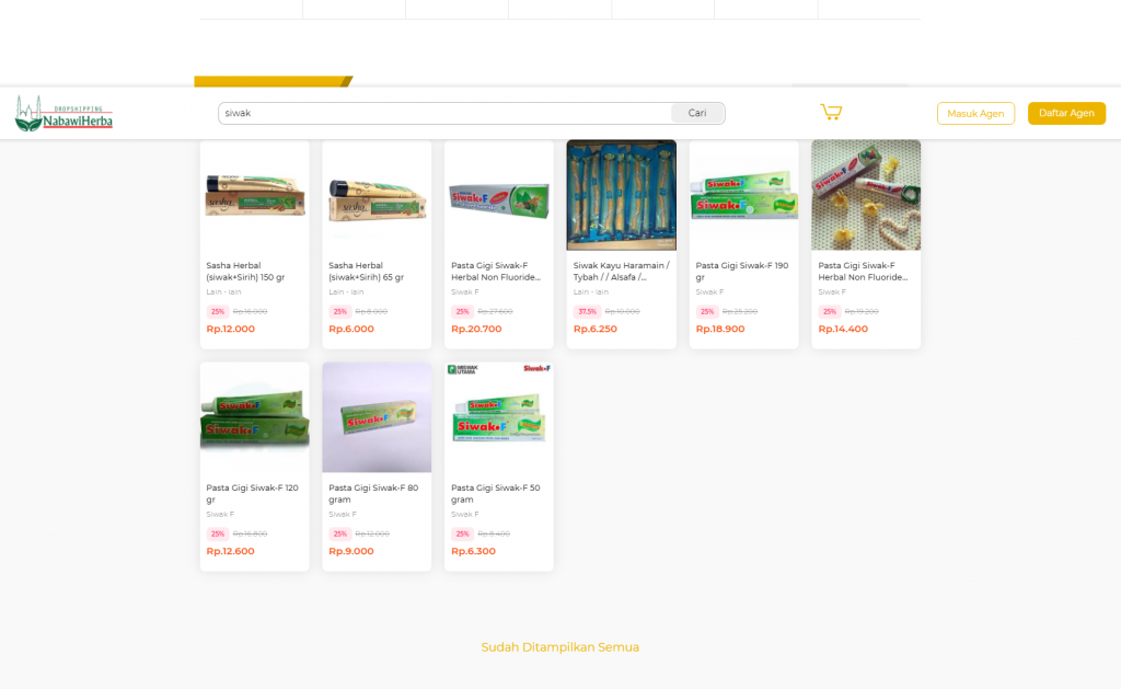 Katalog Produk Distributor Siwak pada Website Resmi Nabawi Herba. Sumber: https://dropshippingherbal.com
